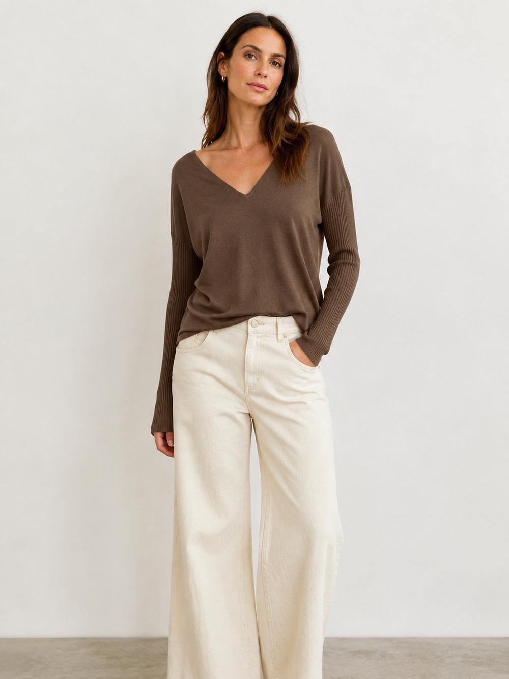 A.L.C. Keaton Merino Wool V-Neck Rib Sleeve Sweater Taupe Brown XL